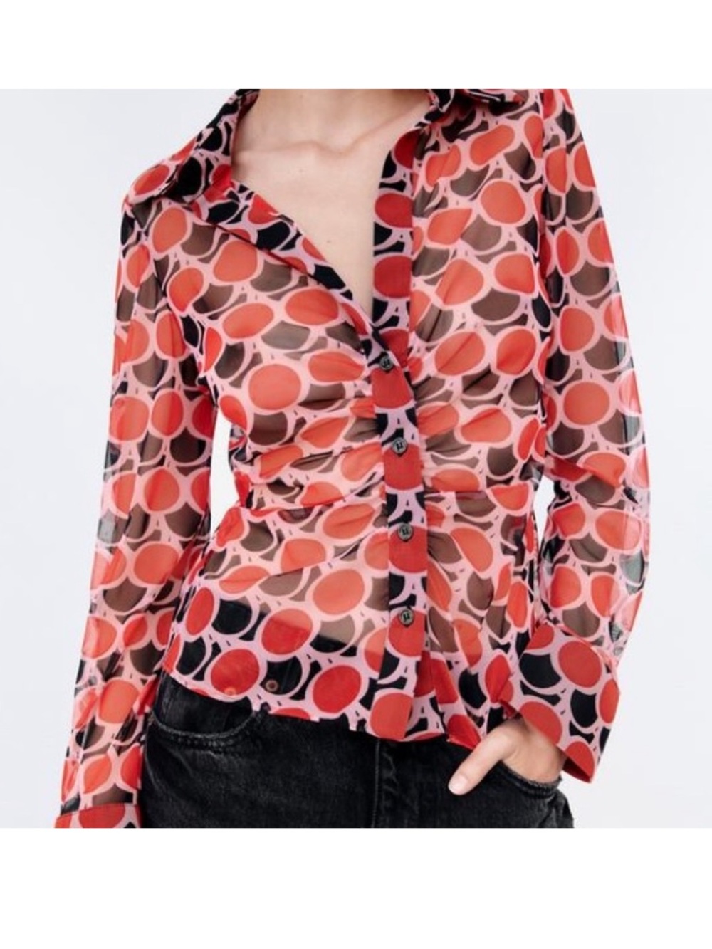 Zara Sheer Button-Front Patterned Women’s Top Size Small
